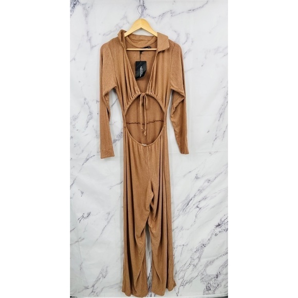 B033 PrettyLittleThing Mocha Brushed Rib Long Sleeve Tie Bust Jumpsuit - Picture 4 of 9